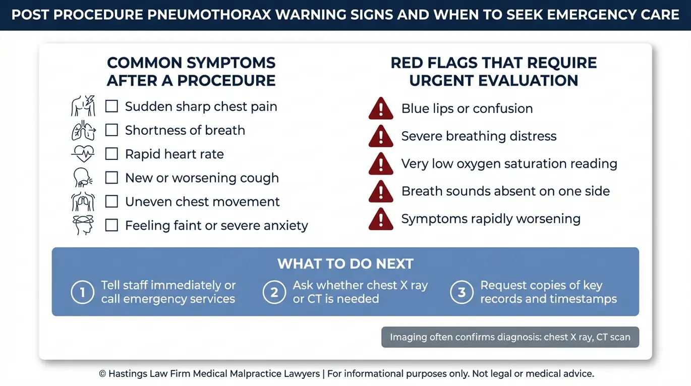 Warning checklist of post procedure collapsed lung symptoms and red flags to document for a Texas Pneumothorax From Medical Procedure Lawyer review.