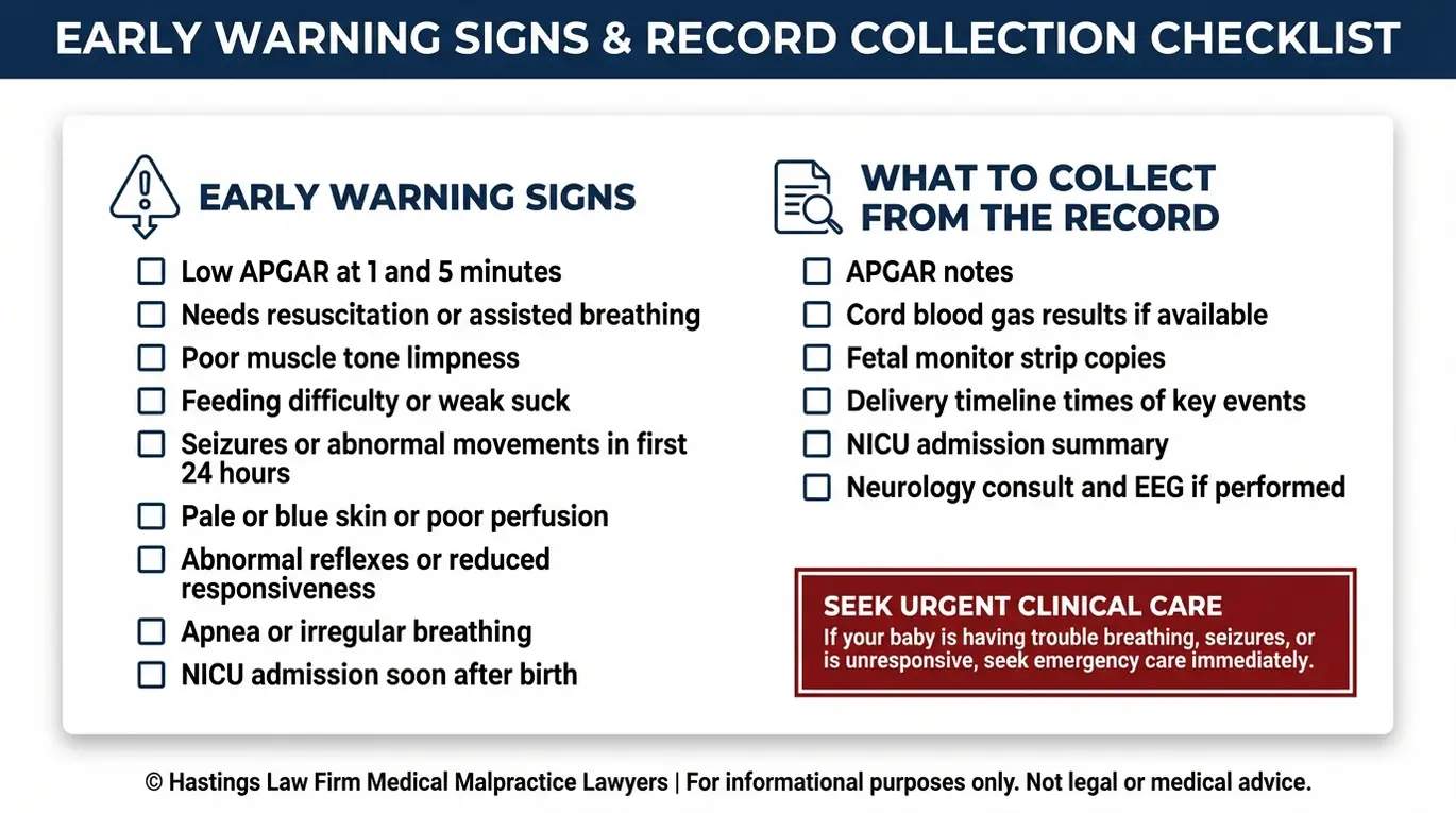 Warning checklist of newborn HIE symptoms and medical records to gather for an Arizona Hypoxic Ischemic Encephalopathy Lawyer consultation.