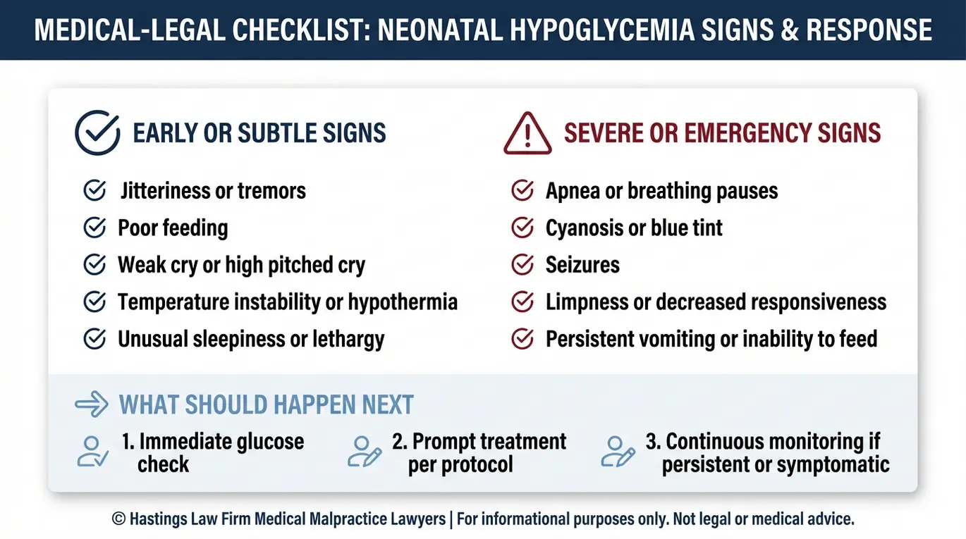 Warning checklist of neonatal hypoglycemia symptoms including jitteriness poor feeding apnea and seizures relevant to a Texas Untreated Infant Hypoglycemia Lawyer evaluation.