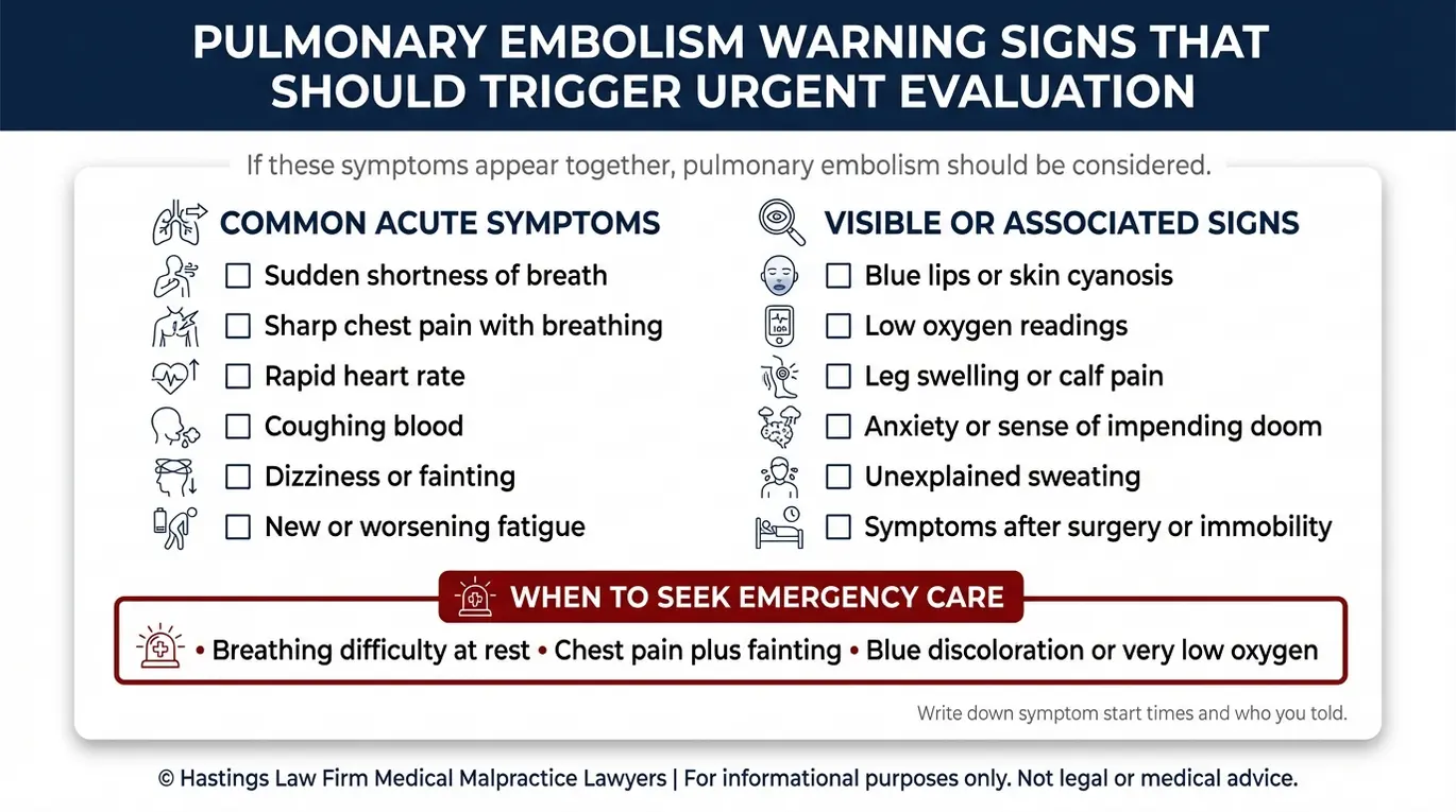 Warning checklist of pulmonary embolism symptoms and red flags including shortness of breath chest pain cyanosis leg swelling and anxiety for an Arizona Pulmonary Embolism Malpractice Lawyer resource.