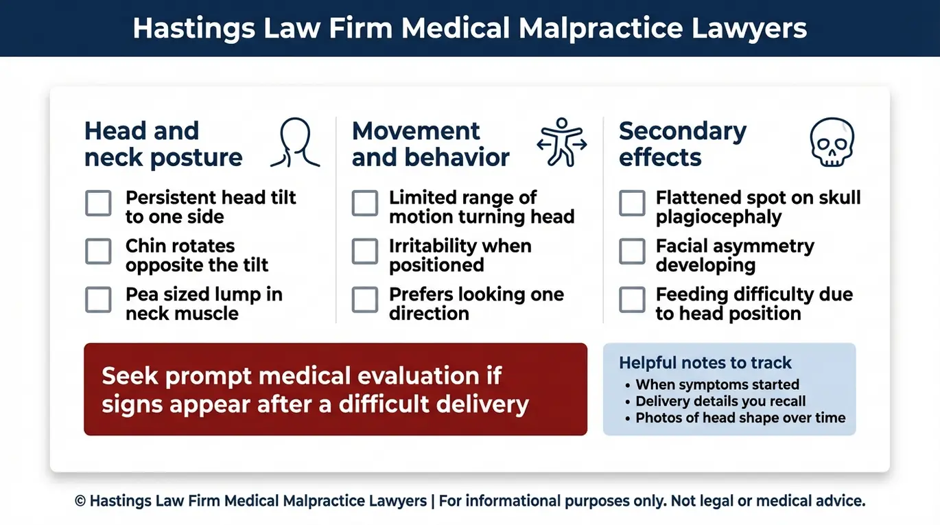 Warning checklist of traumatic infant torticollis symptoms including head tilt neck lump limited range of motion and plagiocephaly for Arizona Torticollis and Wry Neck Lawyer guidance.