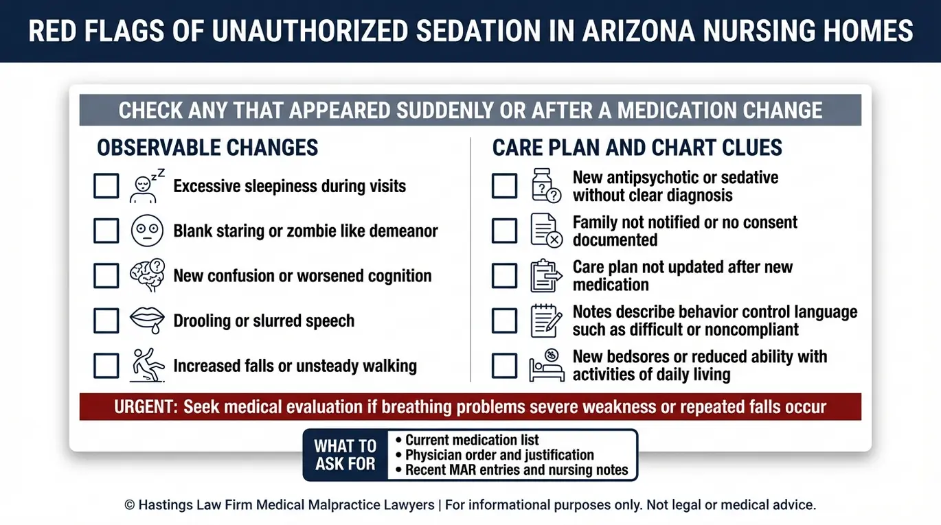 Lista de verificación de señales de sedación no autorizada e indicios en los expedientes médicos para las familias que trabajan con un abogado especializado en restricciones químicas en residencias de ancianos de Arizona, incluyendo letargo repentino, deterioro cognitivo, caídas, úlceras por presión y falta de consentimiento o de actualizaciones del plan de cuidados.