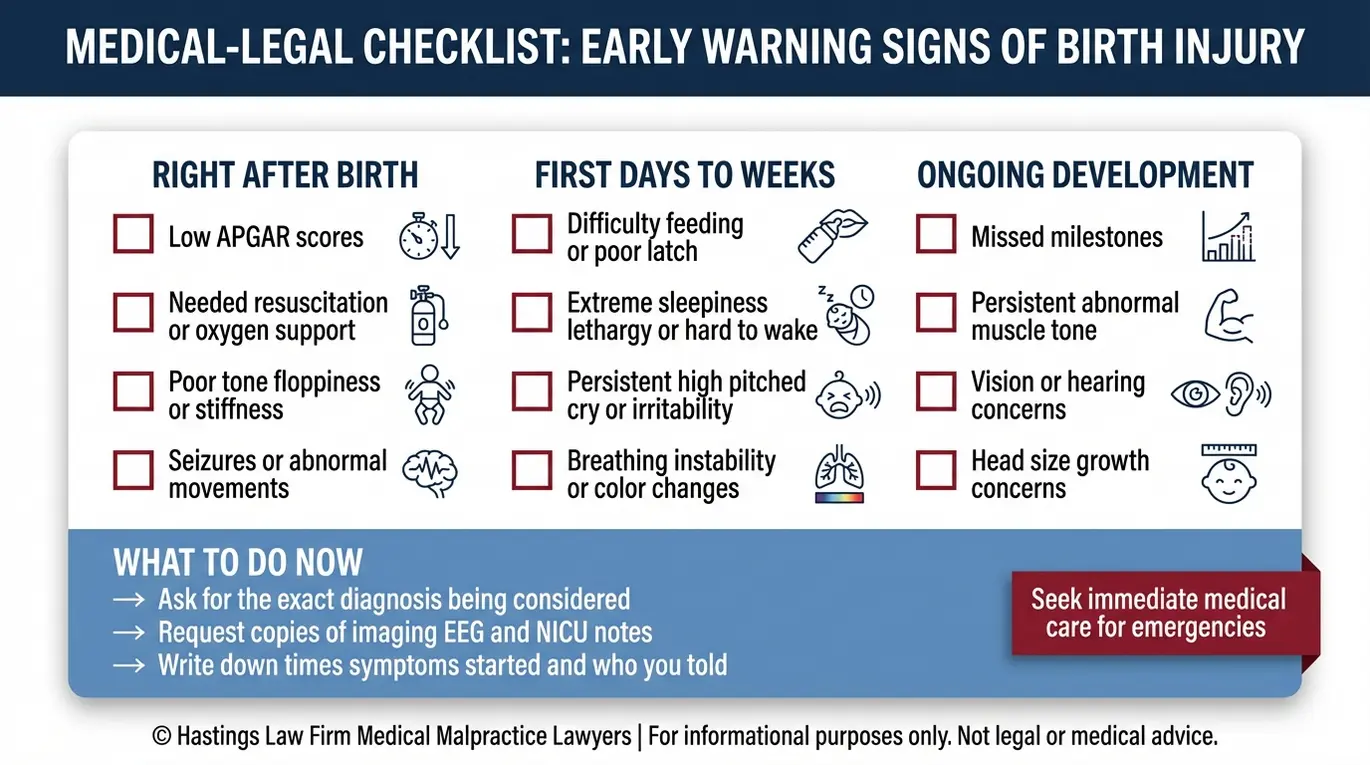 Warning checklist of newborn red flags and developmental signs that may indicate undiagnosed brain damage for families consulting a Texas Infant Brain Anomaly Misdiagnosis Lawyer.
