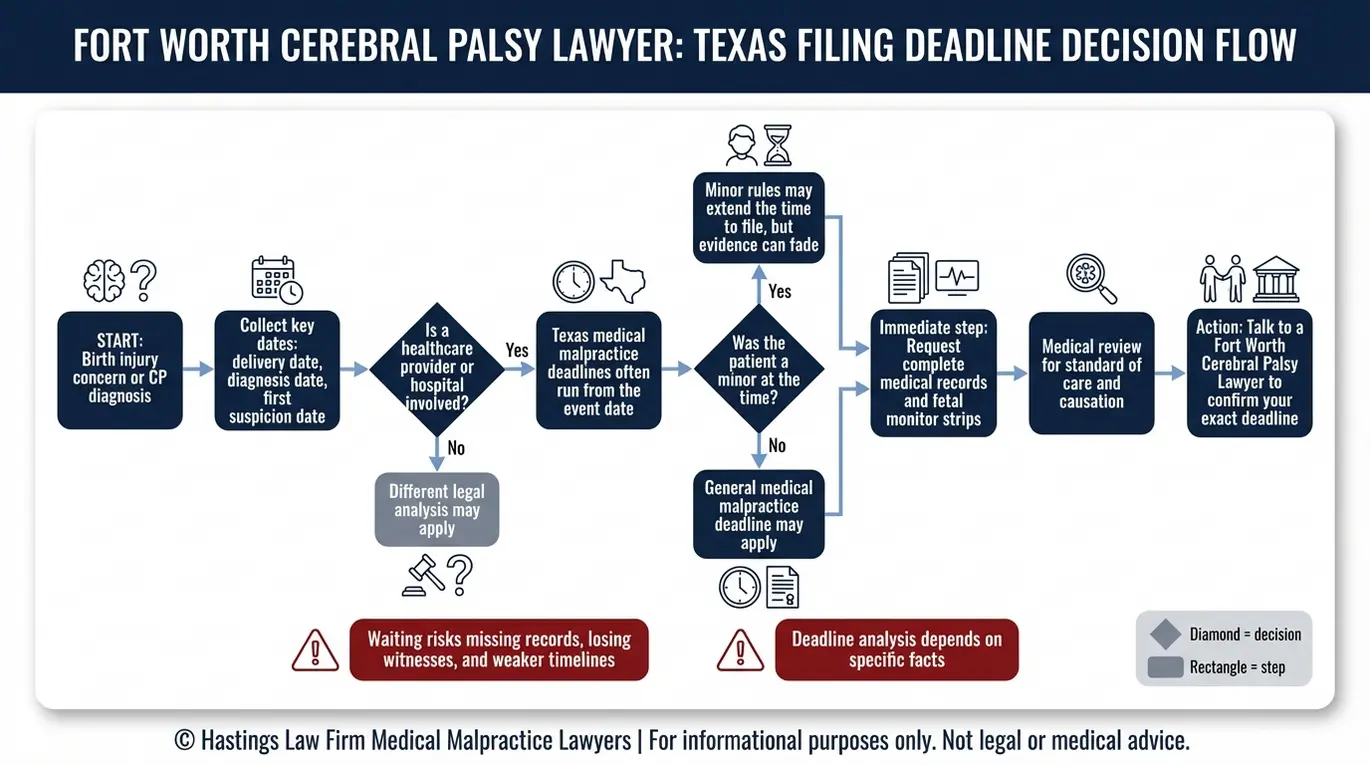 Process flowchart explaining Texas statute of limitations decisions for a Fort Worth Cerebral Palsy Lawyer evaluation including minor status, key dates, and urgent record preservation steps.