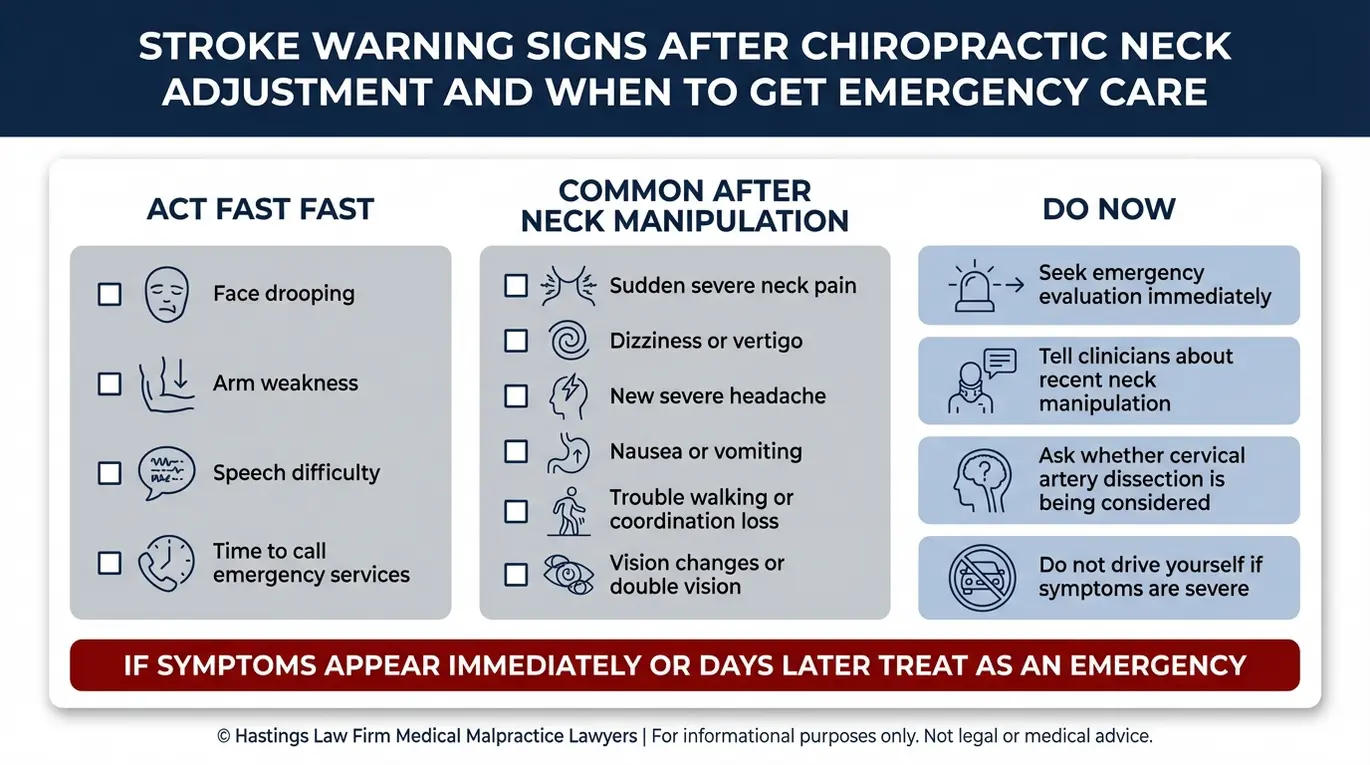 Warning checklist of stroke symptoms after spinal manipulation and FAST action steps relevant to a Texas Chiropractic Stroke Lawyer consultation.