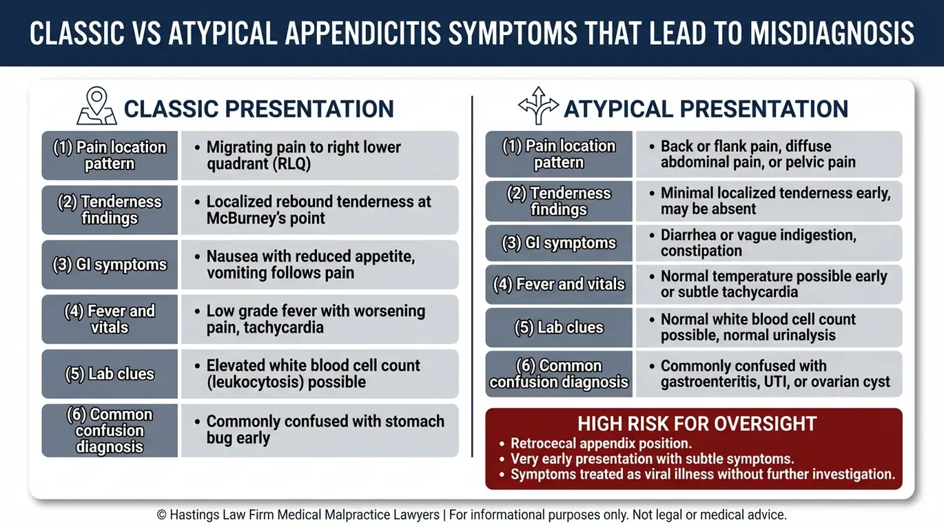 Tabla comparativa que muestra los síntomas de la apendicitis clásica frente a los de la atípica, que un abogado especializado en diagnósticos erróneos de apendicitis en Arizona evalúa en los casos de falta de diagnóstico.