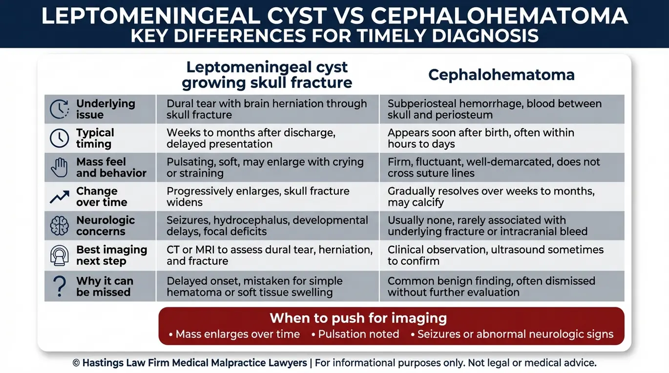 Comparison chart showing leptomeningeal cyst versus cephalohematoma symptoms timing imaging and risks for Texas Infant Leptomeningeal Cyst Lawyer queries.
