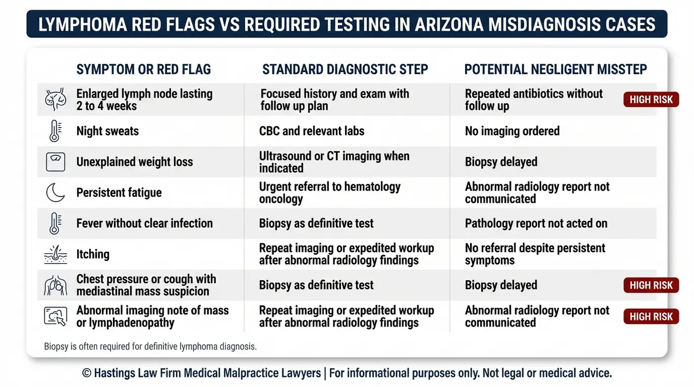 Tabla comparativa que muestra los síntomas de alerta de linfoma, junto con las pruebas necesarias y los errores comunes por negligencia, para su evaluación por parte de un abogado especializado en diagnósticos erróneos de linfoma en Arizona.