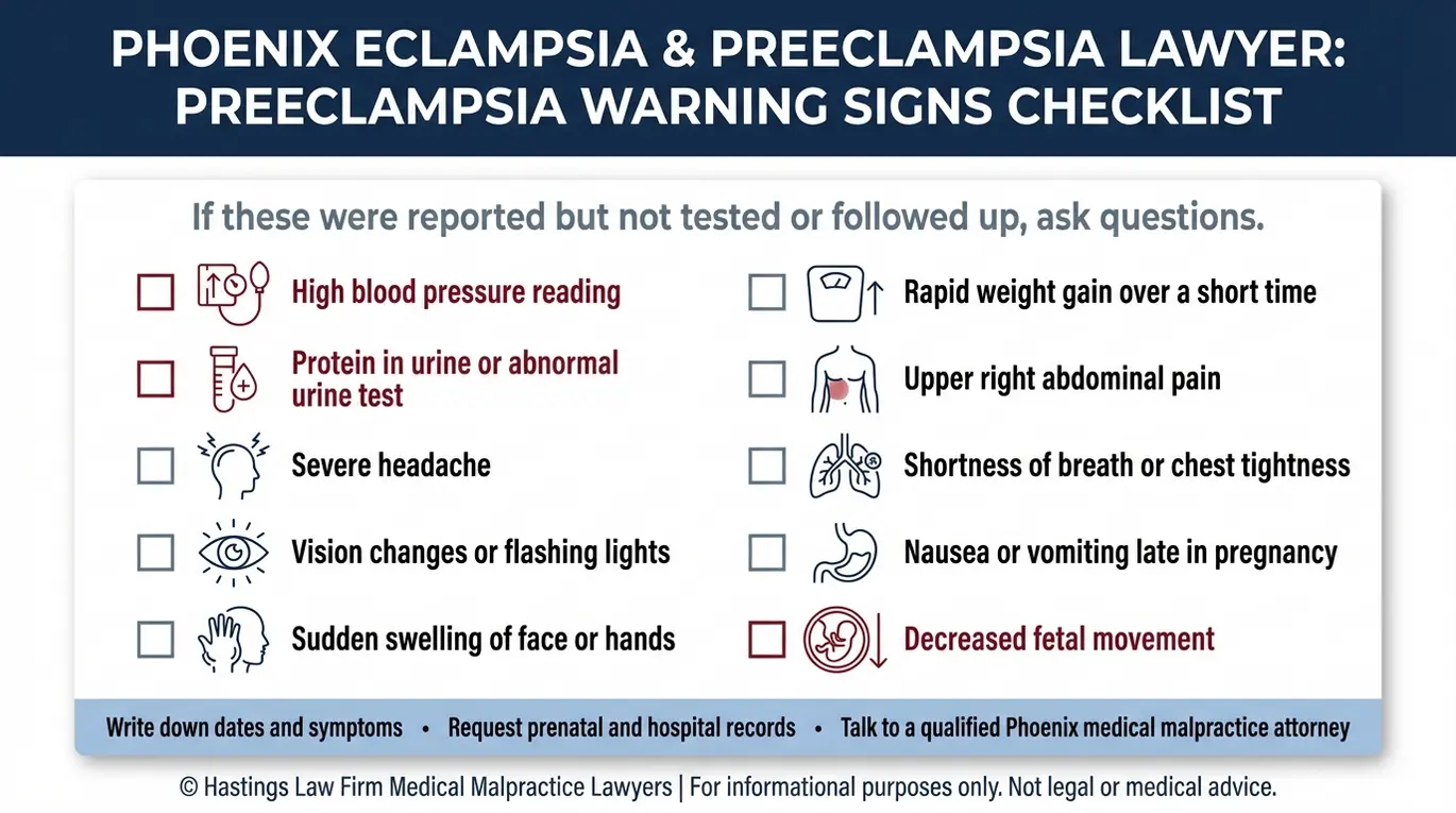 Warning checklist of preeclampsia symptoms and red flags used by a Phoenix Eclampsia and Preeclampsia Lawyer including high blood pressure, protein in urine, severe headache, vision changes, swelling, abdominal pain, breathing issues, and decreased fetal movement.