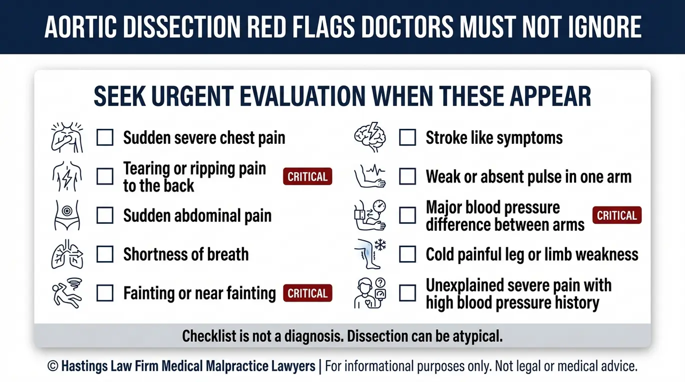 Lista de verificación de los síntomas de alerta de la disección aórtica que utiliza un abogado especializado en diagnósticos erróneos de aneurismas aórticos de Arizona para explicar los signos de alerta que se pasaron por alto.