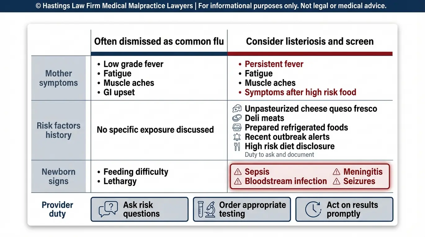 Tabla comparativa de los síntomas gripales del embarazo frente a las señales de alerta de la listeriosis, incluyendo los factores de riesgo maternos y la sepsis, la meningitis y las convulsiones en el recién nacido, para la investigación de un abogado especializado en infecciones por Listeria materna en Arizona.