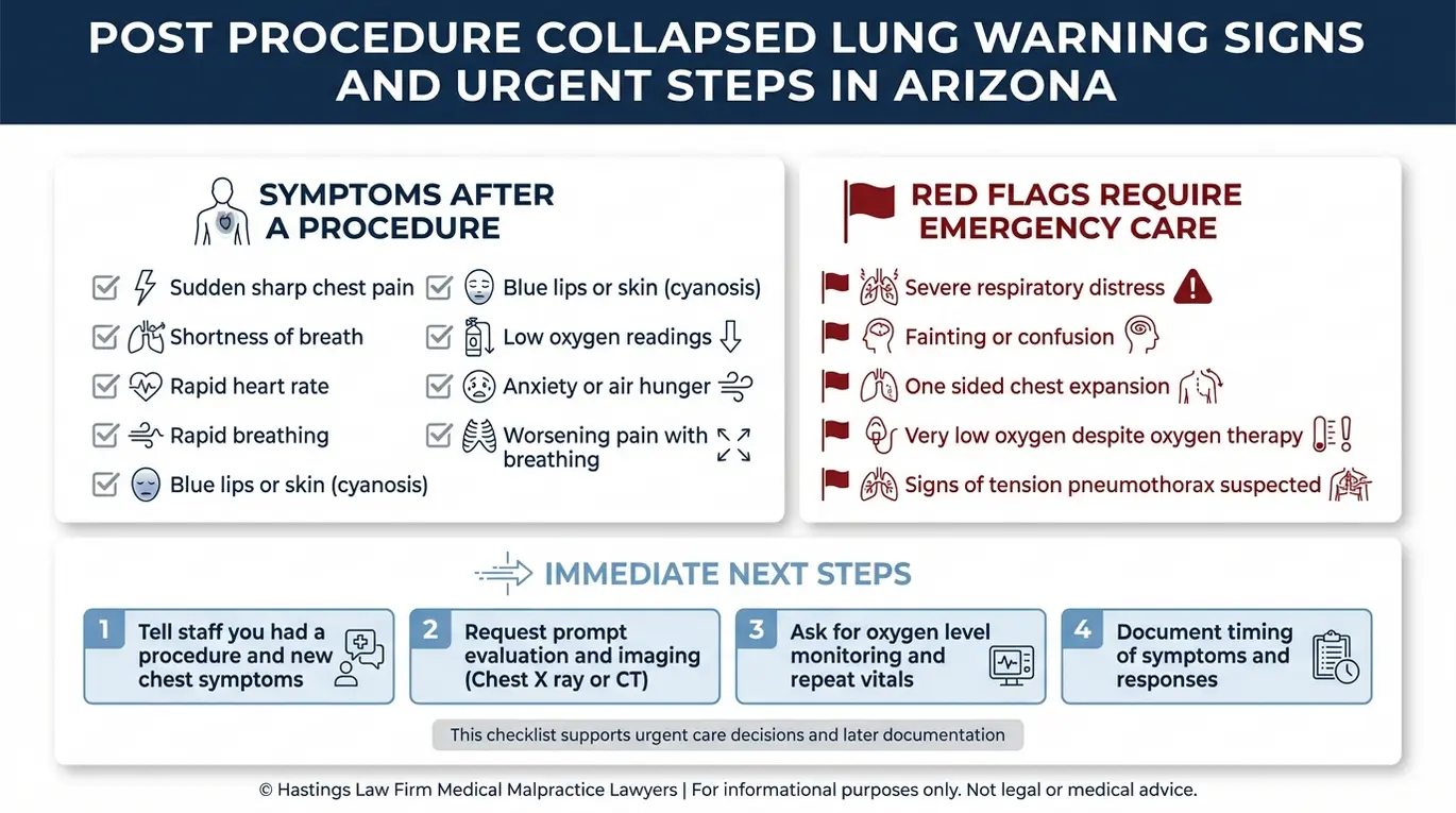 Warning checklist for an Arizona Pneumothorax From Medical Procedure Lawyer listing post procedure collapsed lung symptoms emergency red flags and immediate steps including chest imaging and oxygen monitoring.