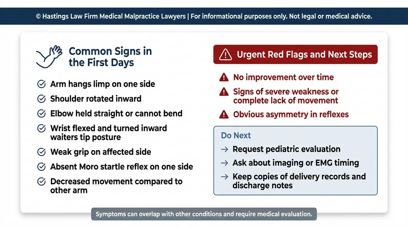 Warning checklist of infant Erb palsy symptoms including limp arm absent Moro reflex and waiters tip posture with urgent red flags and next steps for a Texas Erb's Palsy Injury Lawyer consultation.