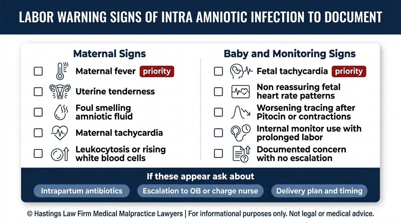 Warning checklist of labor signs such as maternal fever uterine tenderness leukocytosis and fetal tachycardia that a Texas Maternal Chorioamnionitis Injury Lawyer looks for when evaluating missed intra amniotic infection.
