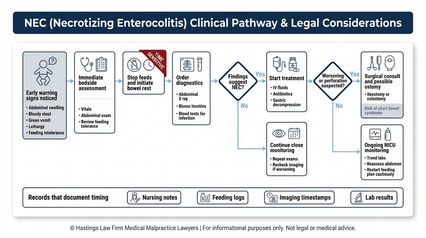 Process flowchart for a Texas Infant Necrotizing Enterocolitis Lawyer showing NEC symptoms leading to stopping feeds ordering X rays and blood tests starting antibiotics and escalating to surgery when perforation is suspected.