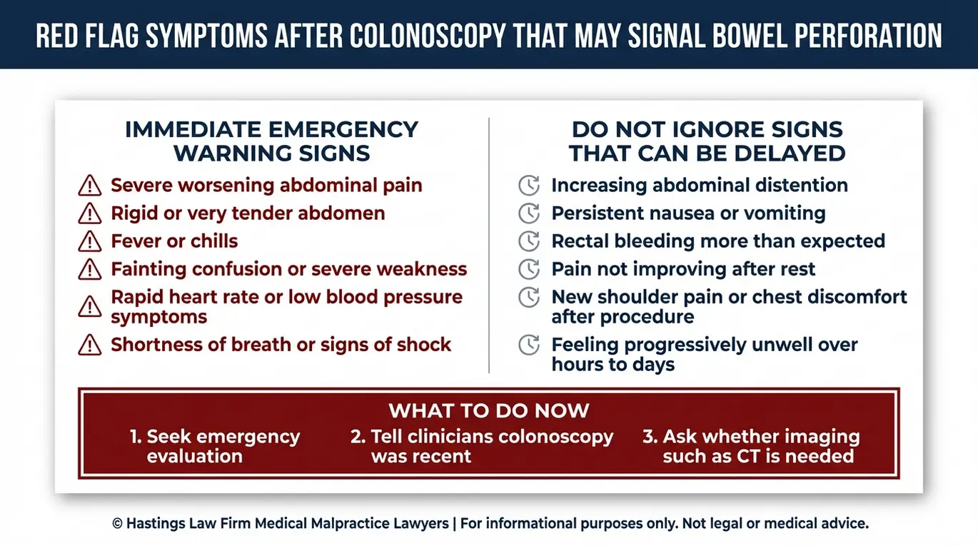 Warning checklist of red flag symptoms of perforated bowel after colonoscopy for people searching for a Texas Colonoscopy Perforation Lawyer.