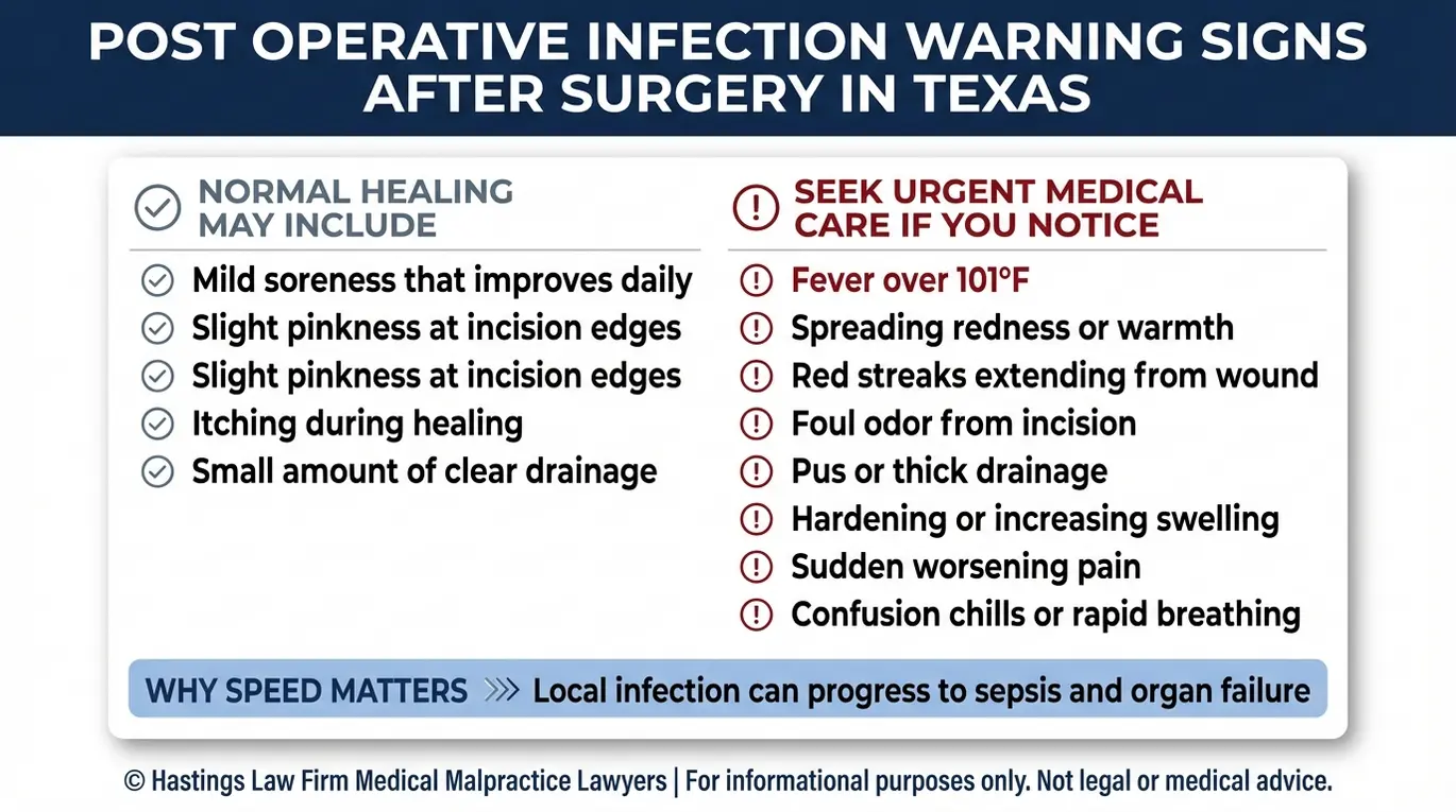 Lista de verificación de síntomas de infección posoperatoria y señales de alerta urgentes utilizada por un abogado especializado en infecciones del sitio quirúrgico de Texas para informar a los pacientes.