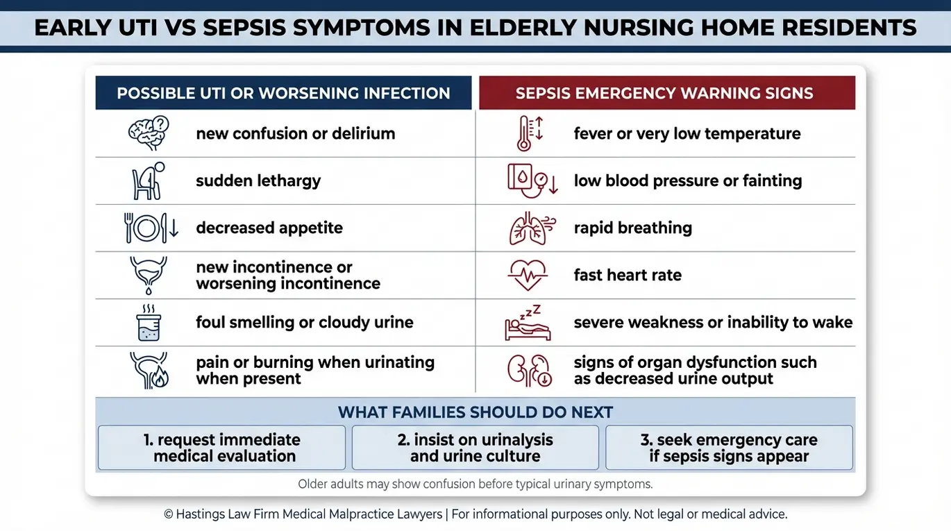 Comparison table of early UTI symptoms versus sepsis emergency warning signs in elderly residents to support a Texas Nursing Home Infection Lawyer evaluation.