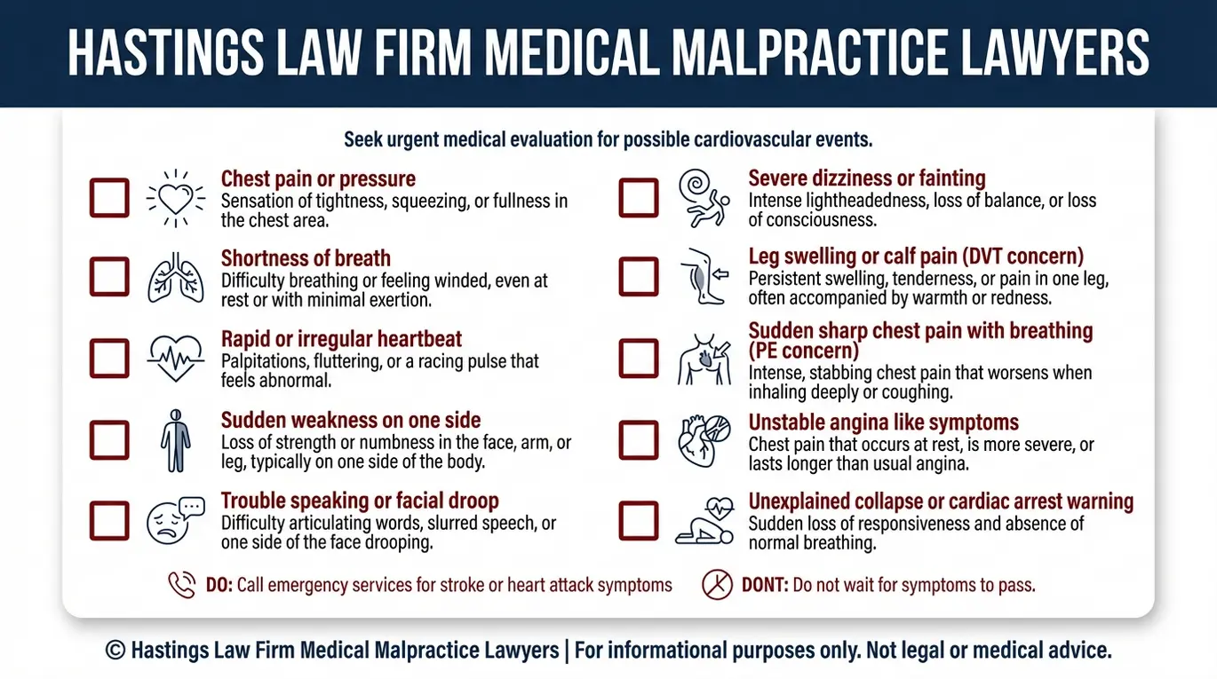 Warning checklist of cardiovascular red flags such as chest pain shortness of breath and stroke symptoms relevant to Uloric users for an Arizona Uloric Injury Lawyer query.