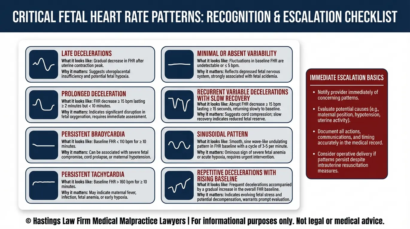 Warning checklist of fetal heart rate tracing red flags on EFM strips that can signal fetal distress, used by an Arizona Fetal Monitoring Malpractice Lawyer to assess missed warning signs.