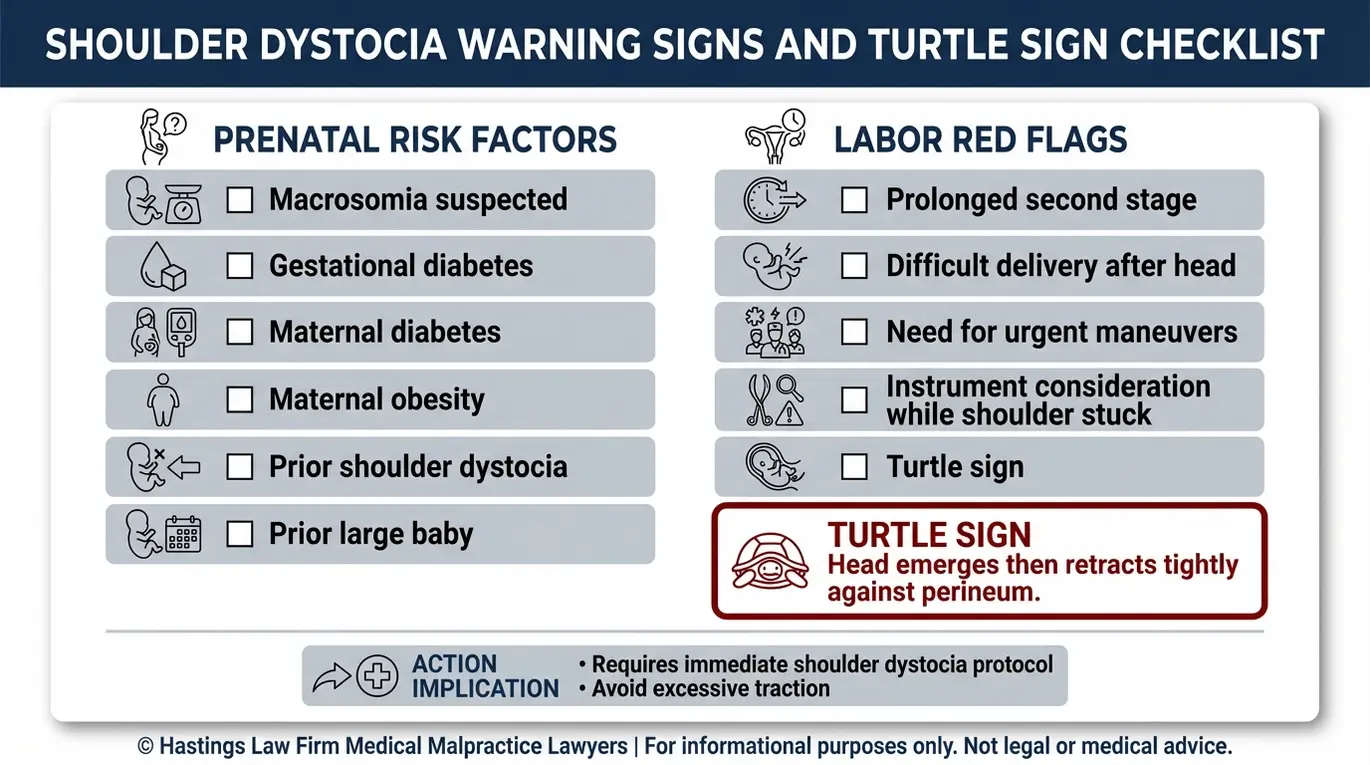 Warning checklist of shoulder dystocia risk factors and the turtle sign used in a Houston Shoulder Dystocia Lawyer investigation.