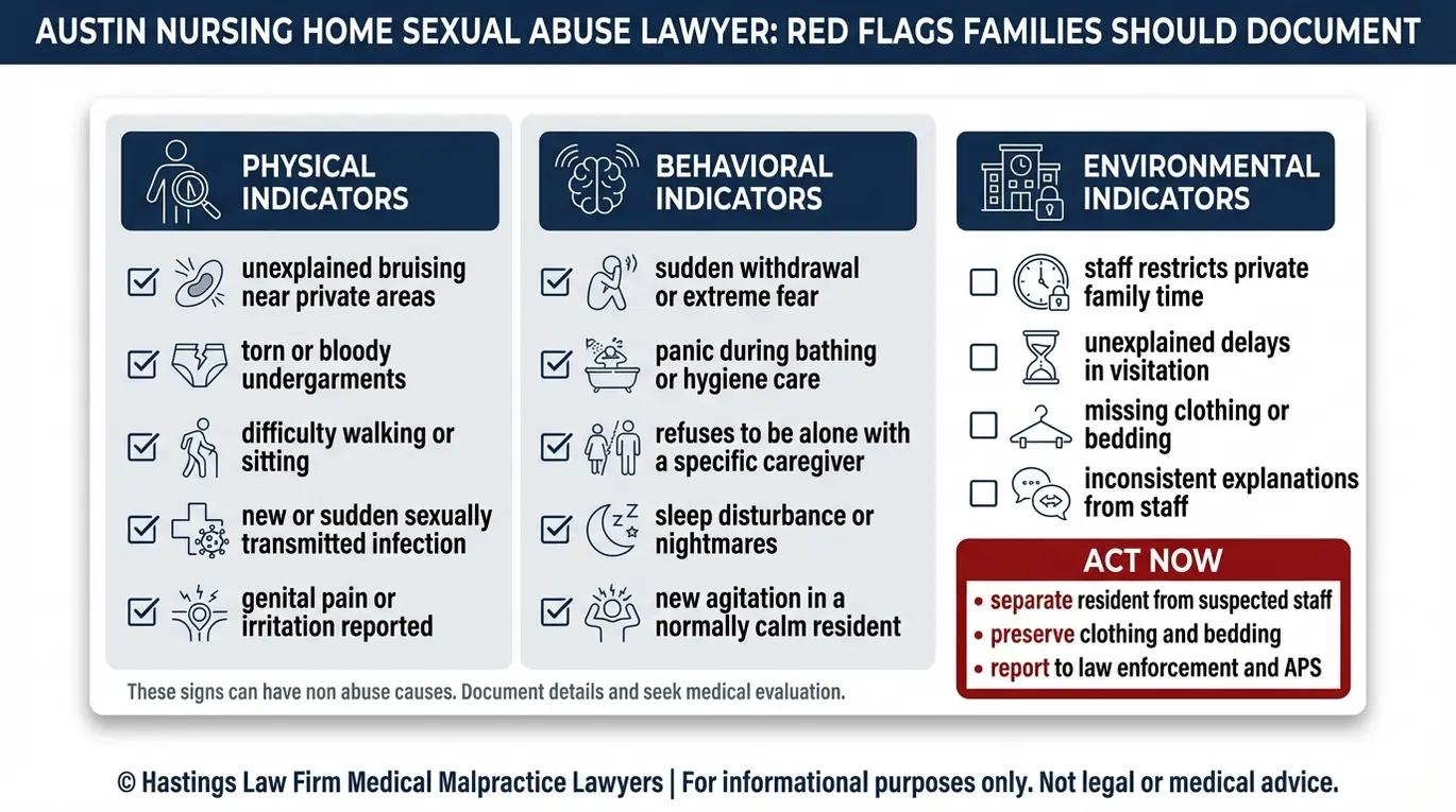 Warning checklist of physical behavioral and environmental red flags to document for an Austin nursing home sexual abuse lawyer evaluation.