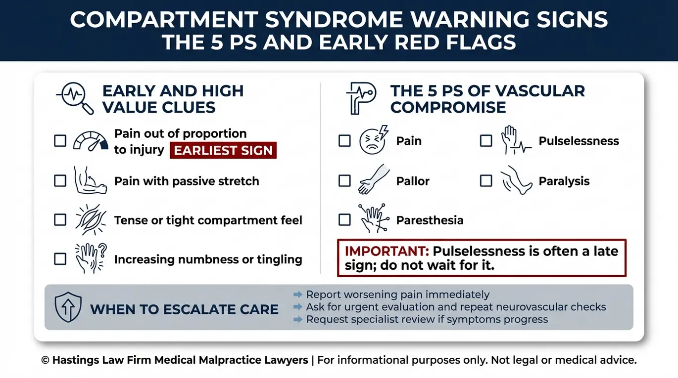 Lista de verificación de los síntomas del síndrome compartimental, incluyendo las «5 P» y las señales de alerta tempranas relevantes para una consulta con un abogado especializado en negligencia médica relacionada con el síndrome compartimental Texas.
