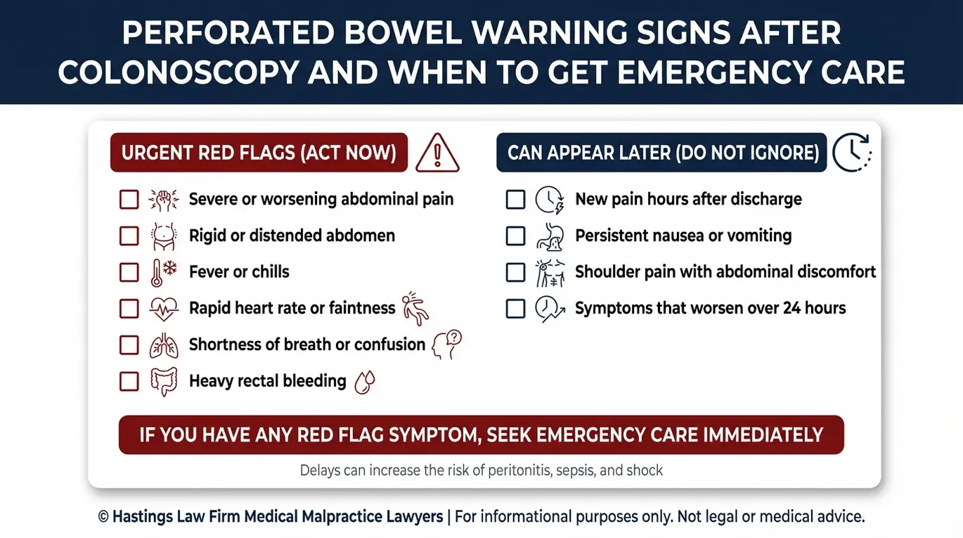 Warning checklist of perforated bowel symptoms after colonoscopy including red flags and delayed signs for readers researching an Arizona Colonoscopy Perforation Lawyer.