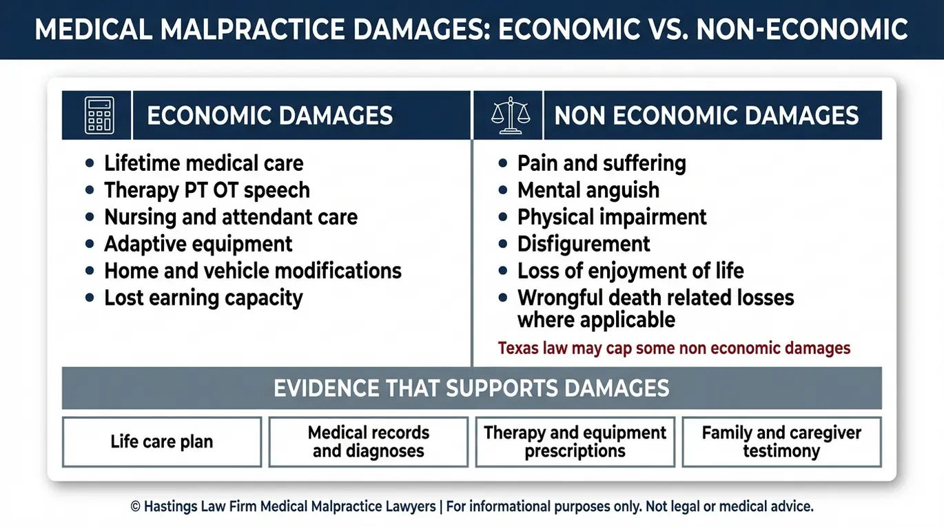 Comparison chart a Texas Infant Resuscitation Error Lawyer uses to explain economic versus non economic damages in a birth injury claim with examples of care needs and loss categories.
