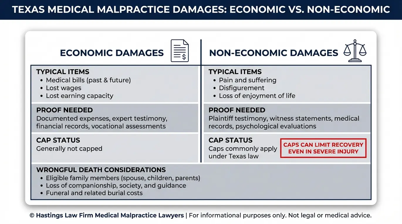 Comparison chart for Texas Medical Malpractice Lawyer guidance contrasting economic damages and non economic damages including typical items proof needs and cap status.