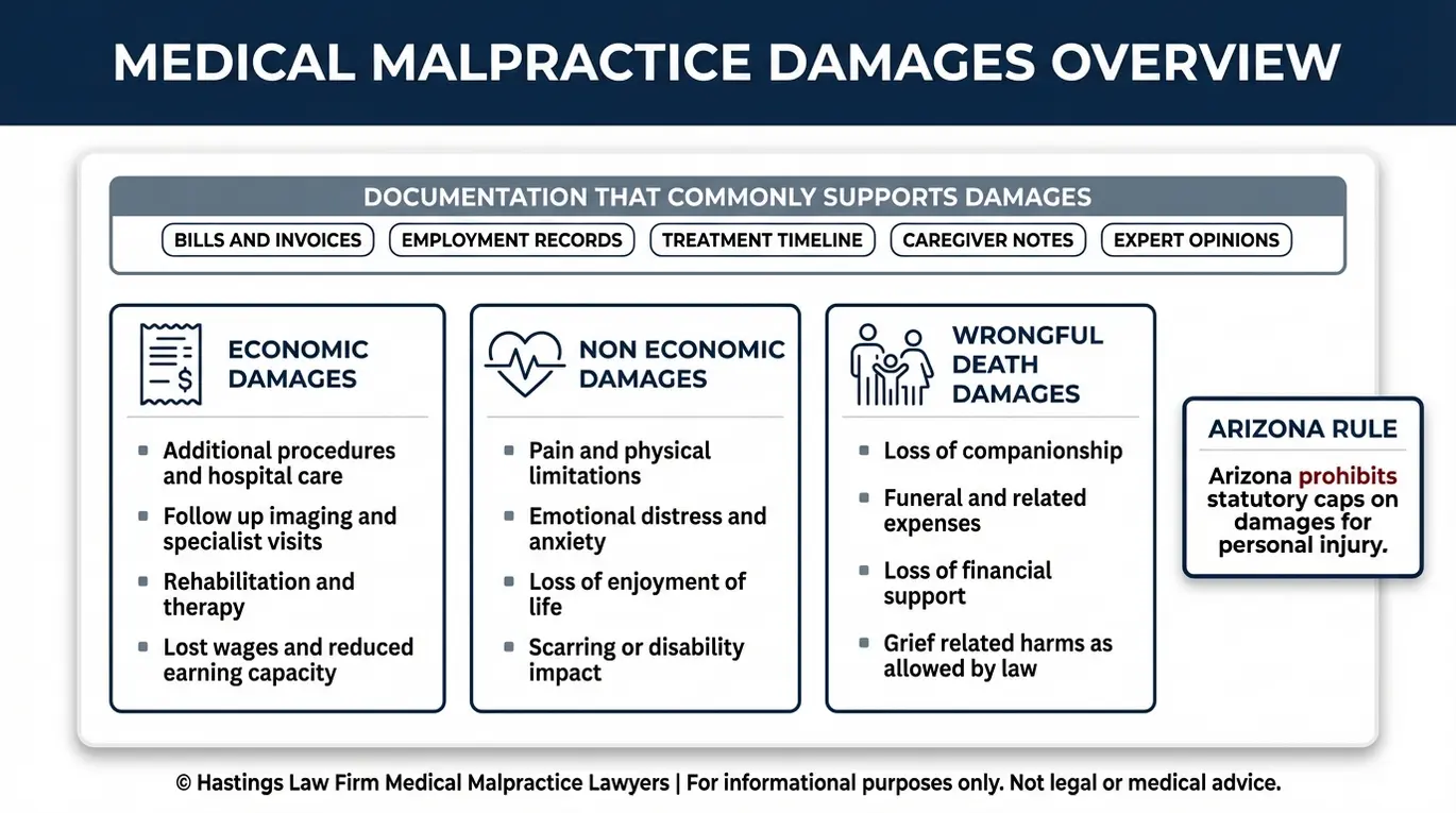 Data infographic summarizing recoverable damages categories for a radiology malpractice claim as explained by an Arizona Radiologist Malpractice Lawyer including economic non economic and wrongful death damages plus common documentation.