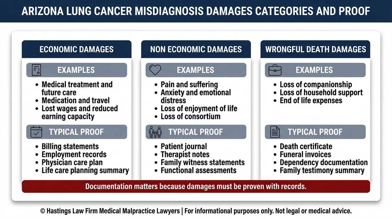 Infografía que resume los daños indemnizables y las pruebas necesarias en un caso de diagnóstico erróneo de cáncer de pulmón en Arizona, incluyendo las categorías de daños económicos, no económicos y por muerte por negligencia.
