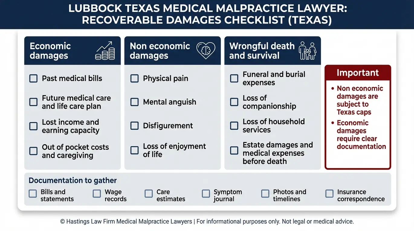 Lista de verificación que resume las categorías de daños económicos, daños no económicos y muerte por negligencia que un abogado especializado en negligencia médica de Lubbock puede alegar en un caso de negligencia médica.