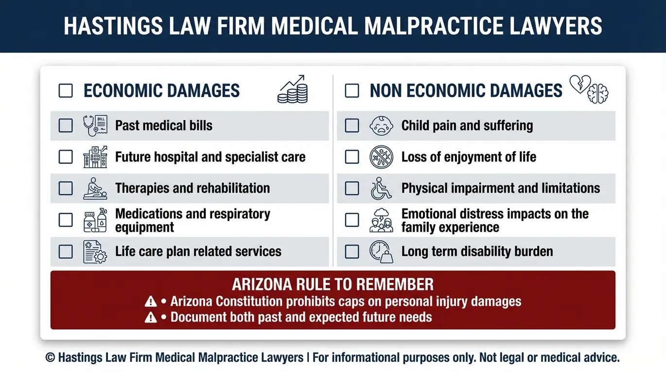 Lista de verificación para un abogado especializado en el síndrome de aspiración de meconio en Arizona, que resume las categorías de daños indemnizables por MAS, incluyendo la atención médica, la terapia, la planificación de los cuidados de por vida y los daños no económicos, según la legislación de Arizona.