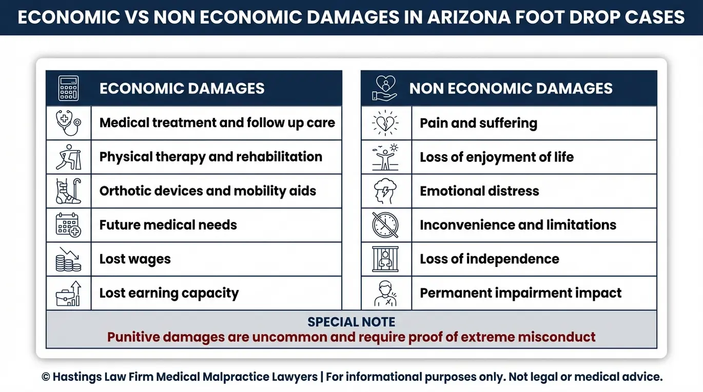 Comparison chart listing economic and non economic damages categories considered by an Arizona Drop Foot Lawyer in a foot drop medical negligence claim.