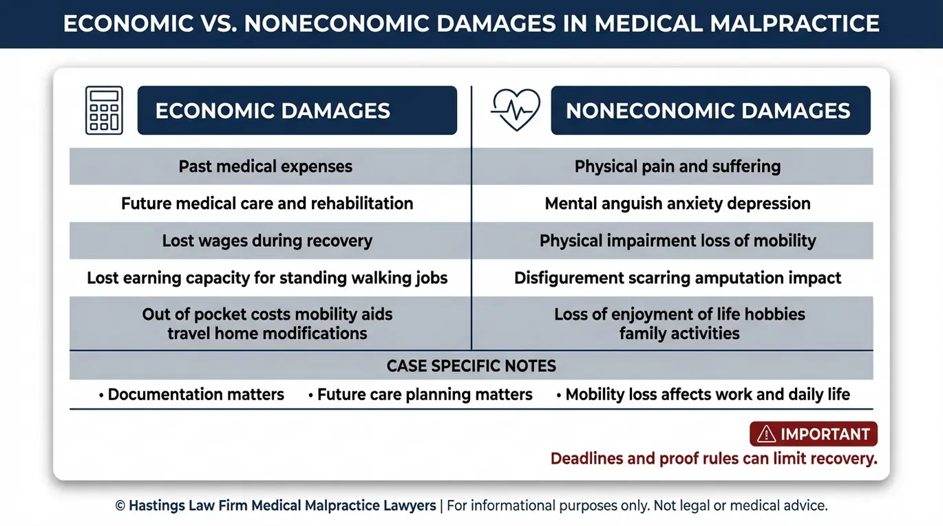 Comparison chart explaining economic damages versus noneconomic damages categories in a podiatry malpractice claim for readers seeking a Texas Podiatrist Malpractice Lawyer after foot or ankle injury.