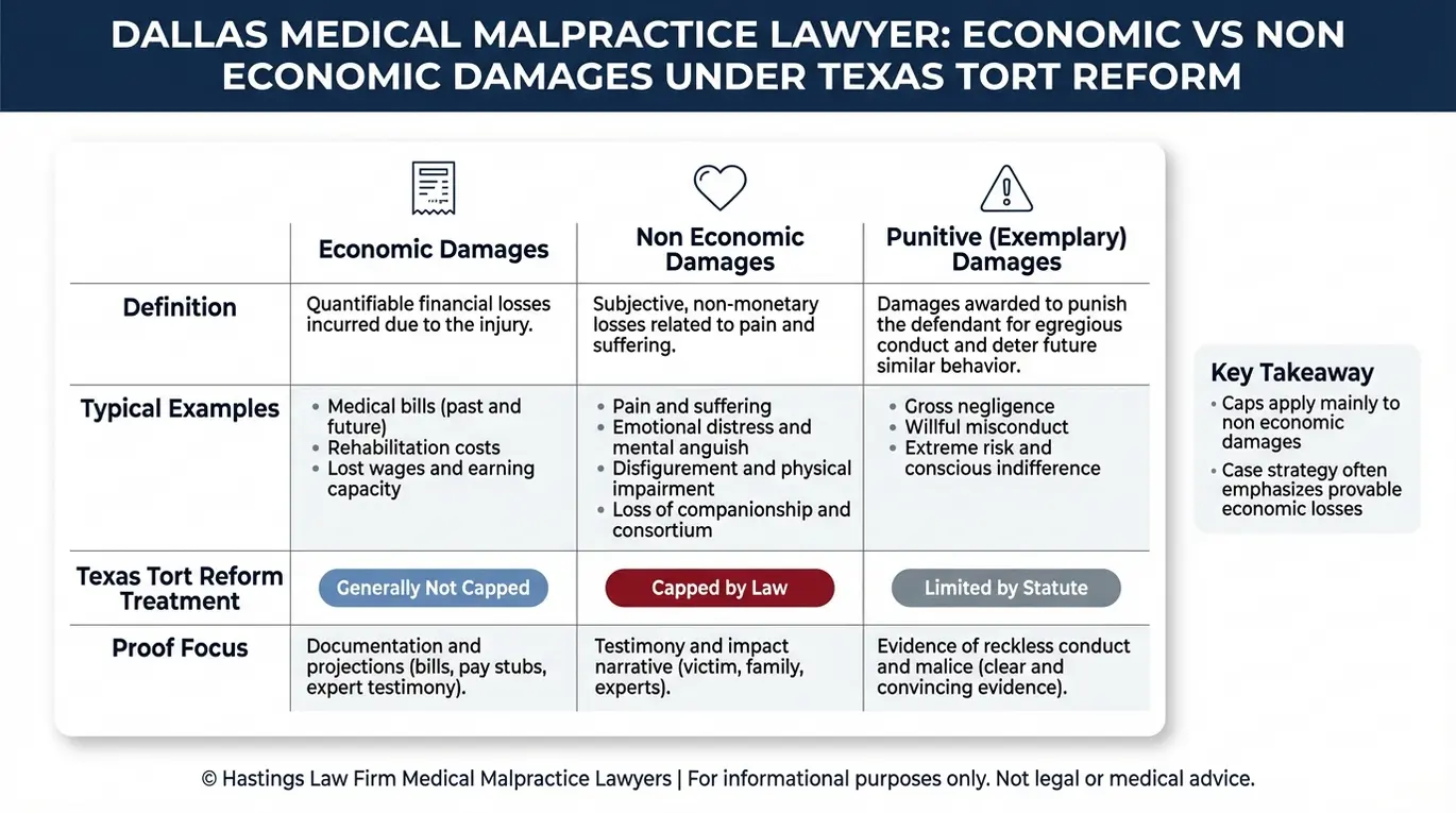 Comparison chart a Dallas medical malpractice lawyer uses to explain economic damages versus non economic damages and punitive damages under Texas tort reform caps.