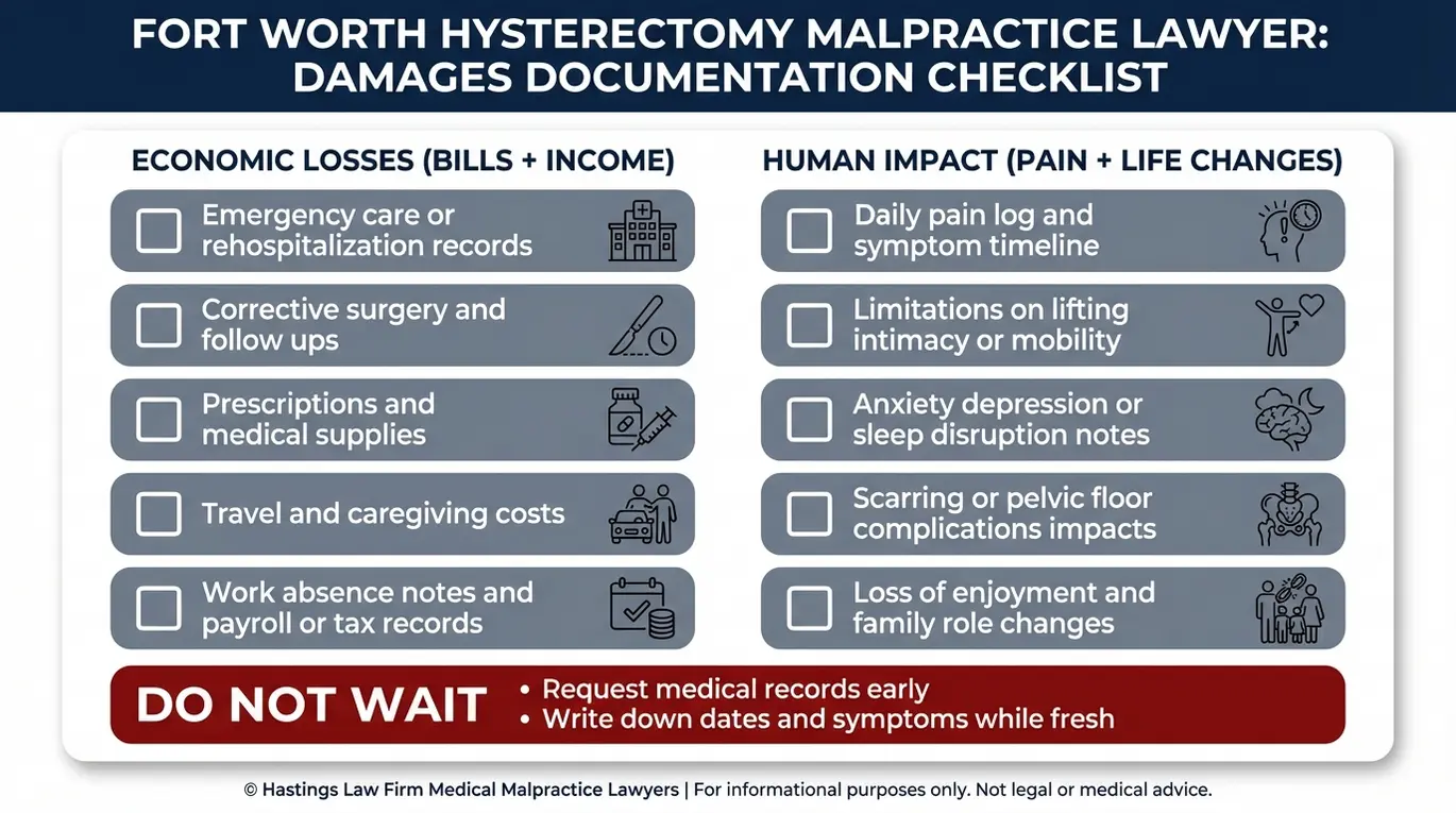 Lista de verificación de advertencias para un abogado especializado en negligencia médica por histerectomía en Fort Worth, en la que se detallan los elementos de documentación relativos a las pérdidas económicas y el impacto humano tras complicaciones derivadas de una histerectomía.