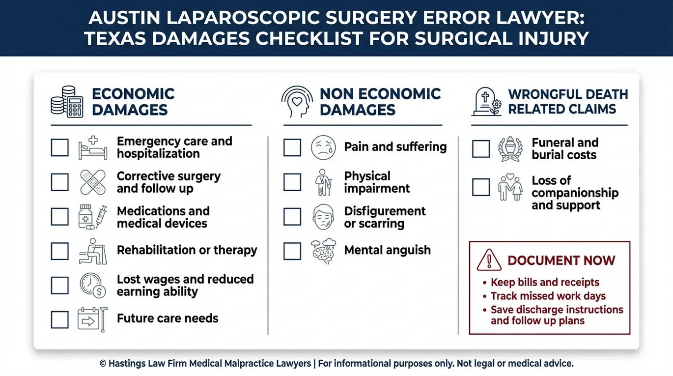 Lista de comprobación de los daños económicos no económicos y muerte por negligencia relevantes para una reclamación Texas se muestra para una visión general de daños Austin Laparoscopic Surgery Error Lawyer.