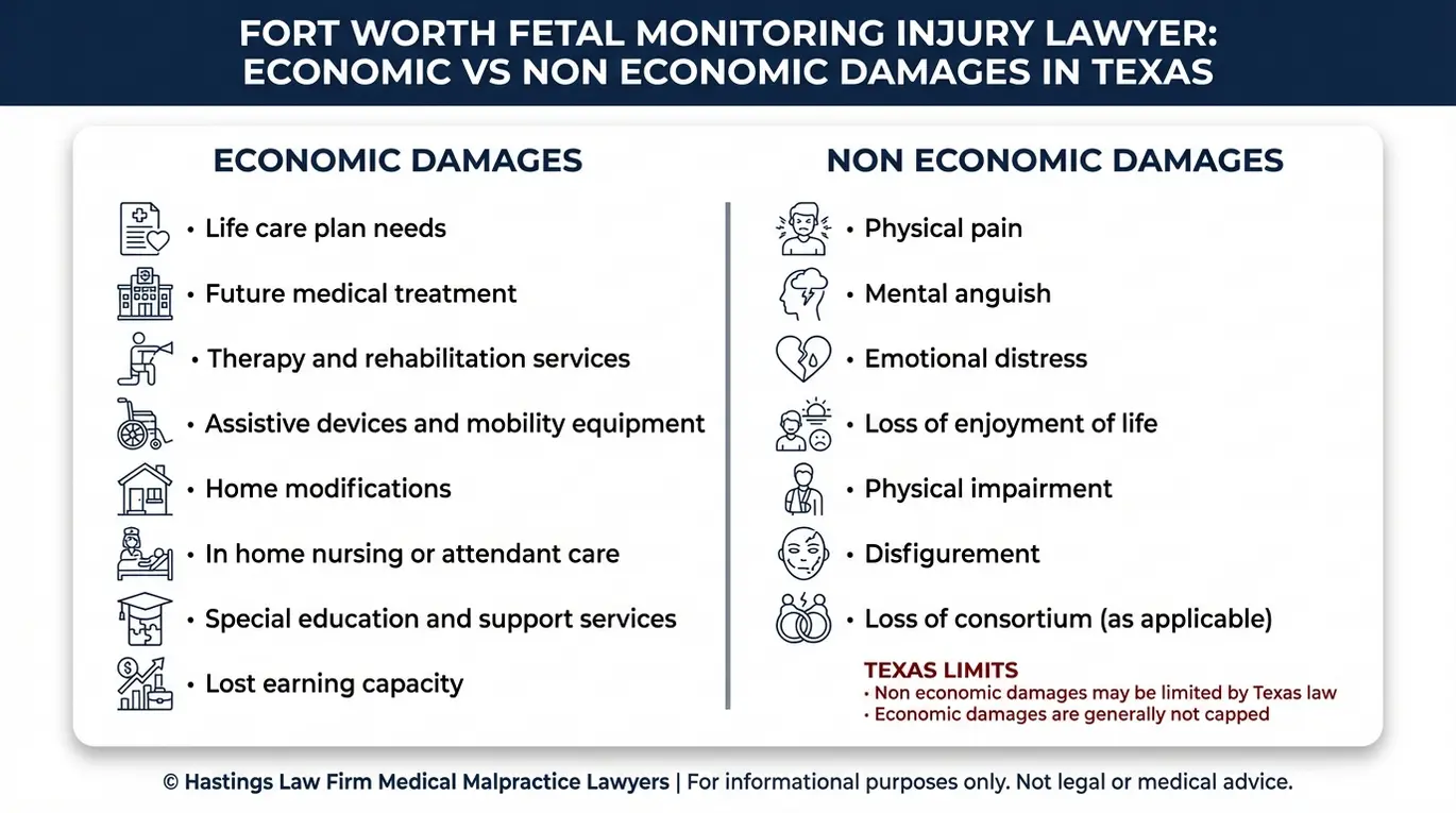 Comparison chart of economic and non economic damages categories relevant to a Fort Worth Fetal Monitoring Injury Lawyer birth injury claim in Texas.