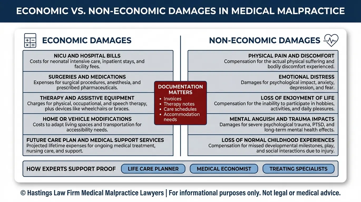 Comparison chart showing economic damages versus non economic damages commonly evaluated by a Texas Birth Asphyxia and Hypoxia Lawyer in a birth injury claim.