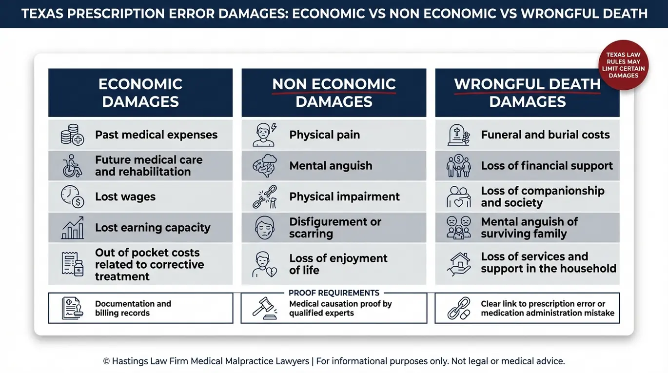 Comparison chart showing Texas prescription error damages categories that an Austin Medication Error Lawyer may seek including economic damages non economic damages and wrongful death damages with common examples under each.
