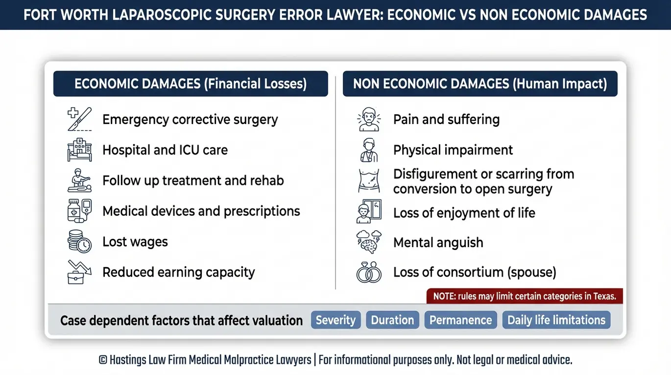 Comparison chart for a Fort Worth Laparoscopic Surgery Error Lawyer showing economic damages like medical bills and lost wages versus non economic damages like pain, impairment, and disfigurement after surgical malpractice.