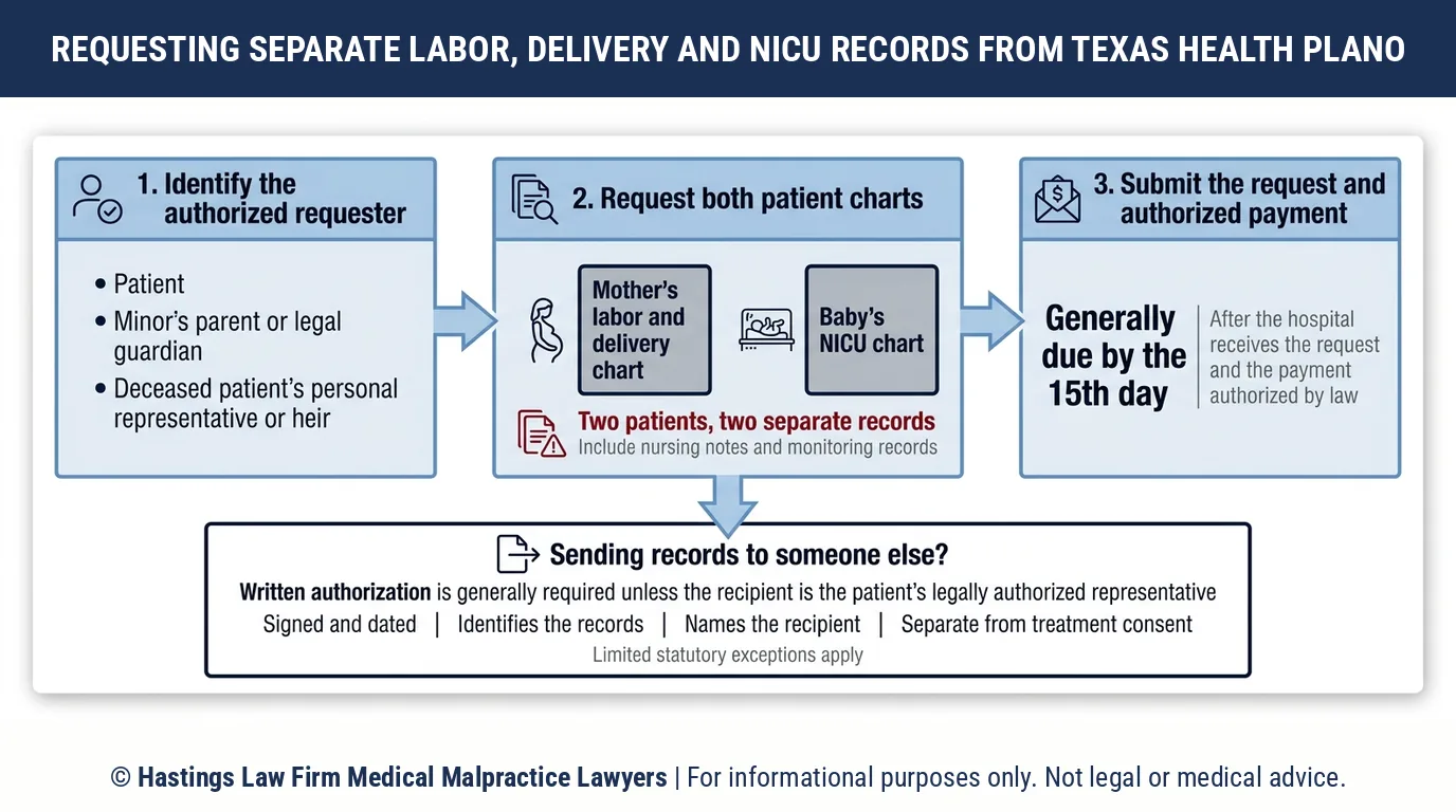 How a hospital negligence lawyer helps parents get the mother's birth chart and the newborn's NICU file from Texas Health Presbyterian Hospital Plano.