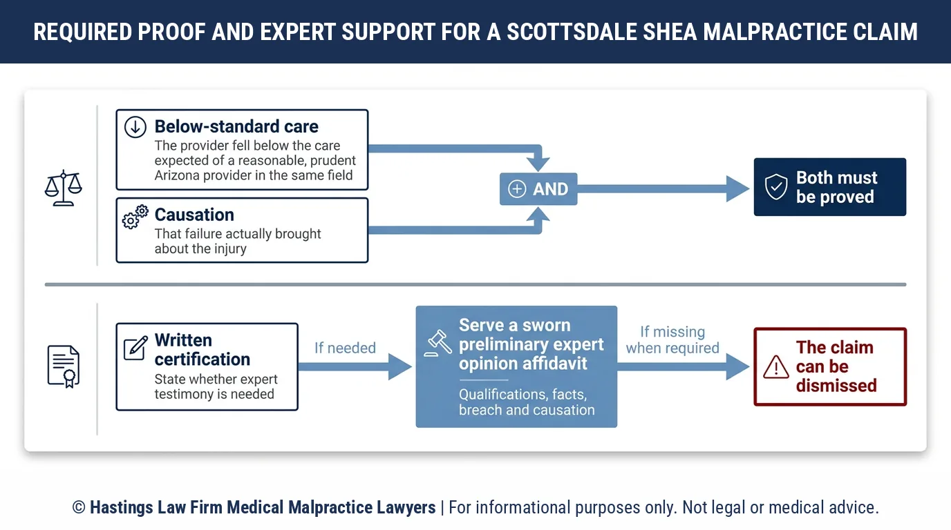 Quién puede ser demandado por una lesión en HonorHealth Scottsdale Shea Medical Center y qué debe demostrar un abogado de negligencia médica en Arizona.