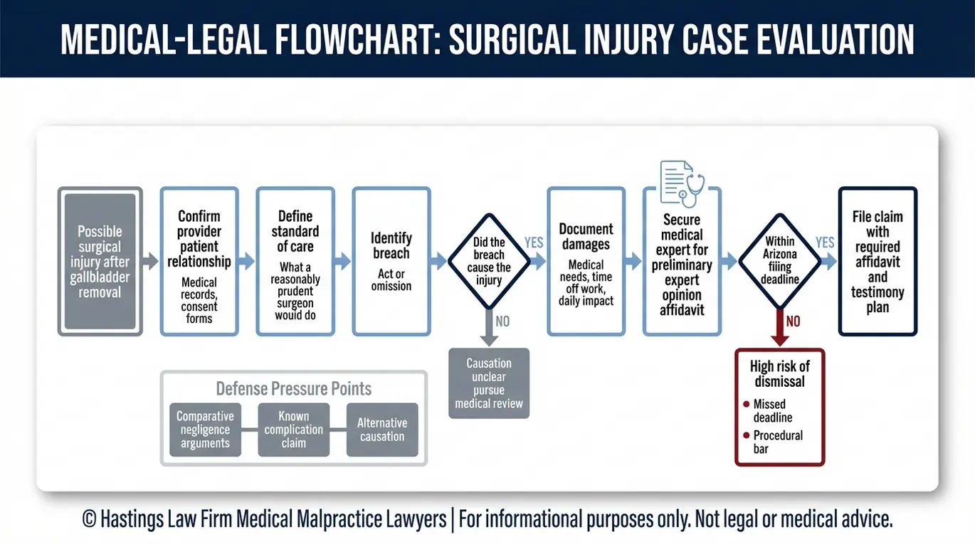 Diagrama de flujo que resume los requisitos para presentar una demanda por negligencia médica en Arizona, incluyendo el incumplimiento del deber, la relación de causalidad y los daños y perjuicios, así como la declaración jurada preliminar del perito para la revisión de un caso por error en una cirugía de vesícula biliar por parte de un abogado especializado en Arizona.