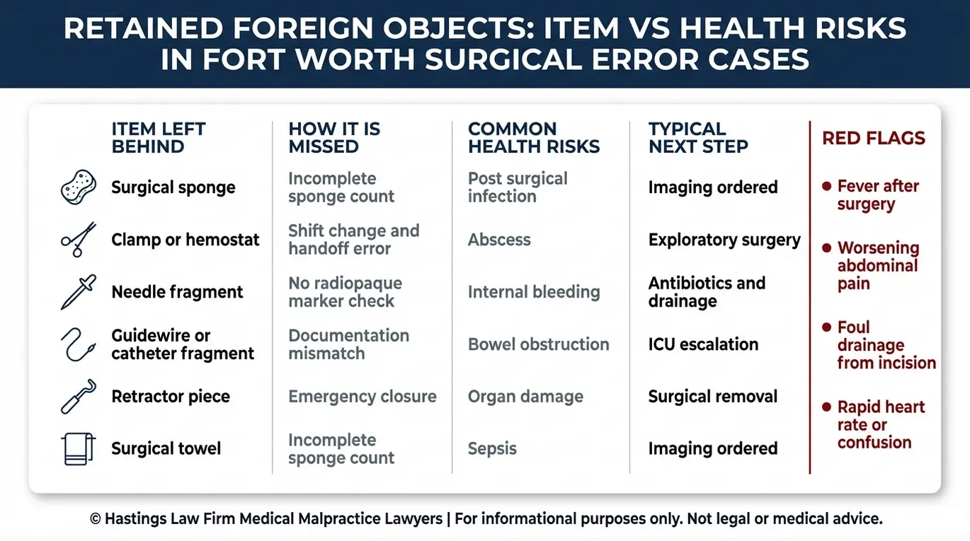 Comparison chart showing retained surgical items and resulting health risks relevant to a Fort Worth Surgical Error Lawyer case including infection sepsis obstruction and corrective surgery.