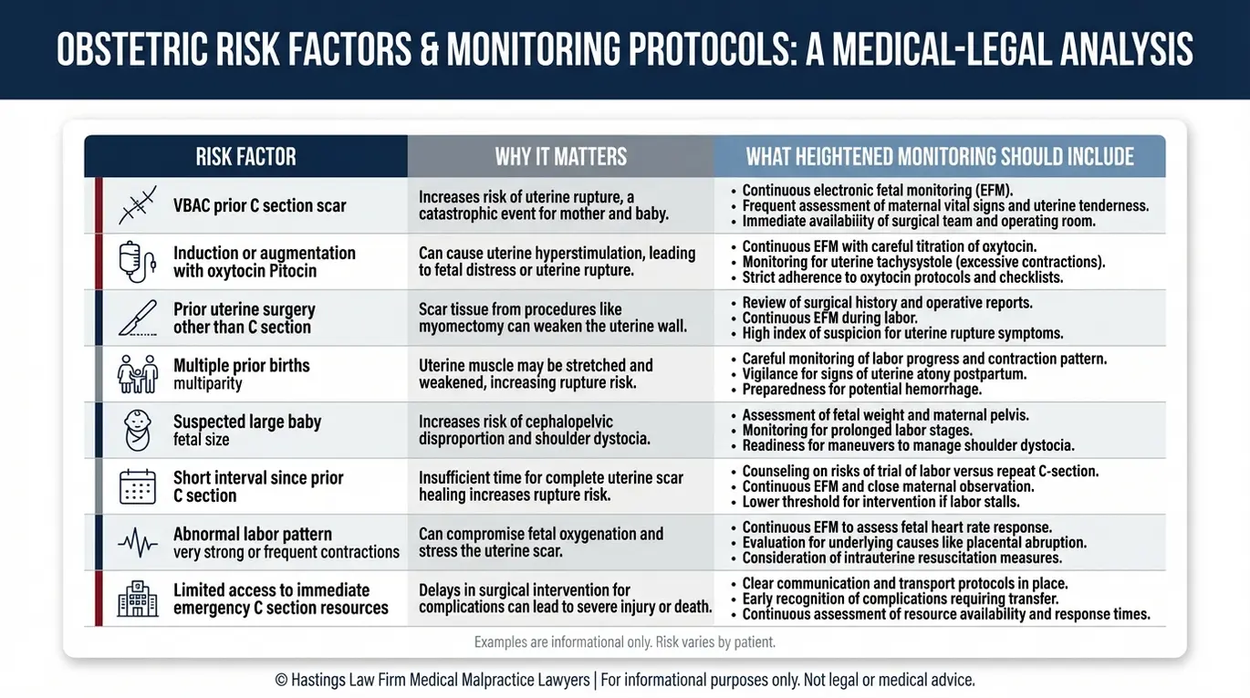 Comparison chart for an Arizona Uterine Rupture Lawyer showing VBAC and Pitocin induction risk factors and the heightened medical monitoring steps expected during labor.