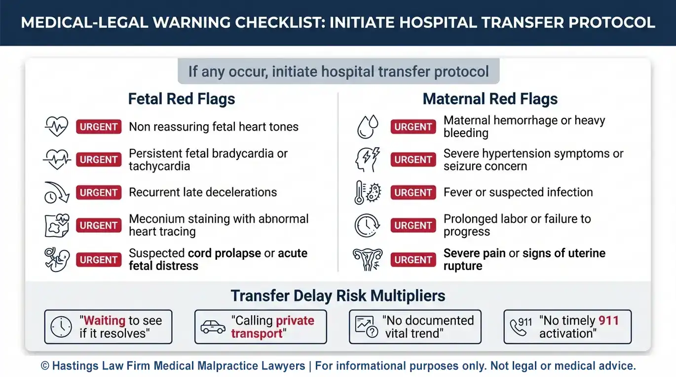 Lista de verificación de los signos de alerta de sufrimiento fetal y hemorragia materna que justifican el traslado inmediato al hospital en un caso judicial en Arizona relacionado con la demora en el traslado desde un centro de maternidad.