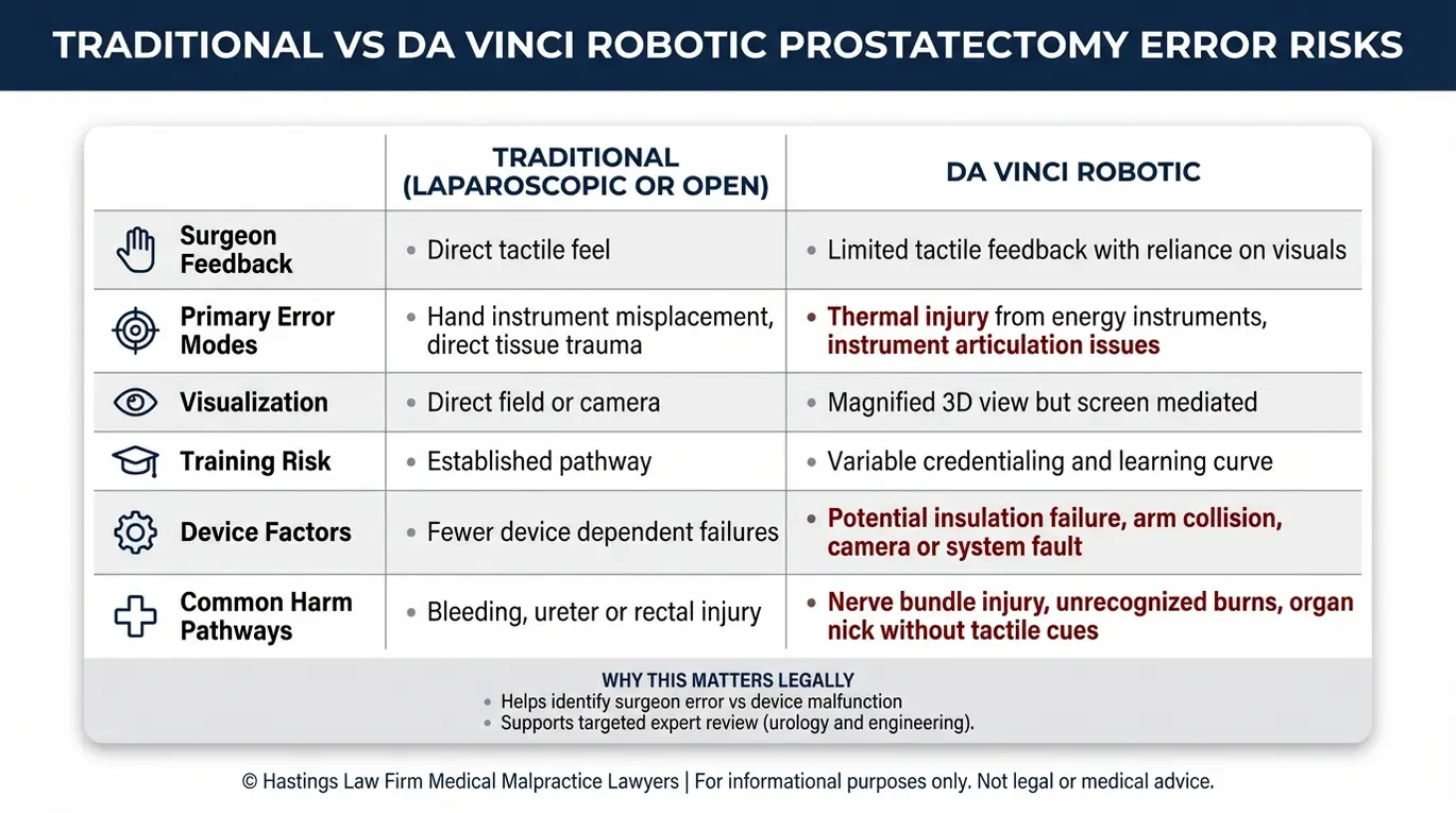 Gráfico comparativo que muestra los riesgos de error de la prostatectomía robótica tradicional frente a la Da Vinci para la revisión de un caso de Dallas Prostate Surgery Error Lawyer, incluidos los problemas de formación de los límites de retroalimentación y las vías de mal funcionamiento del dispositivo.